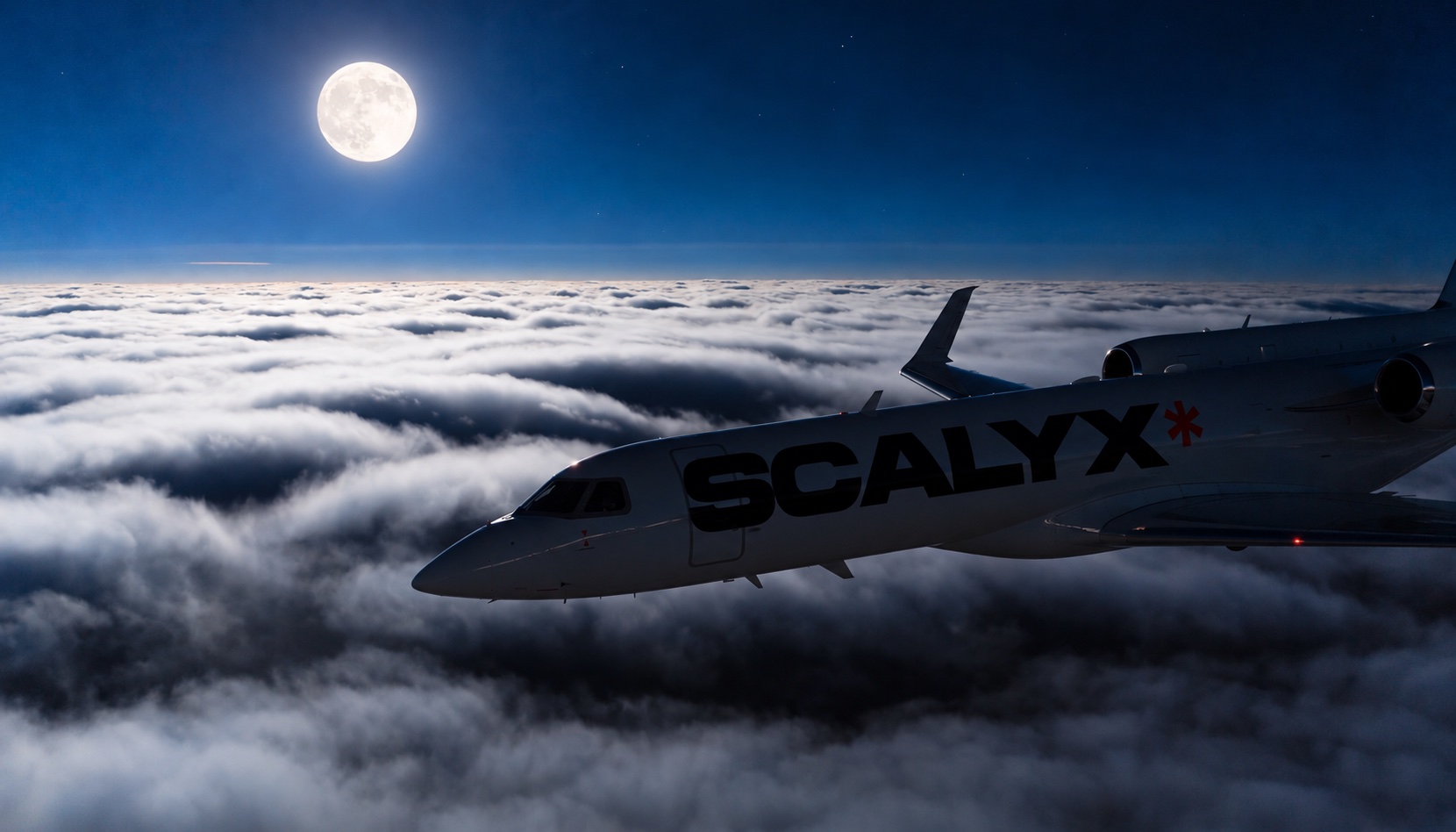 Jet privé aux couleurs de SCALYX en vol de nuit sous la lune