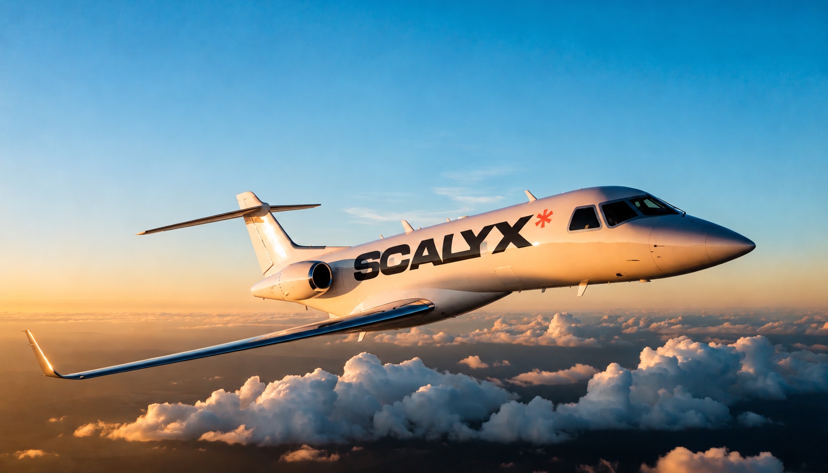 Jet privé aux couleurs de SCALYX qui décolle au-dessus des nuages à la golden hour