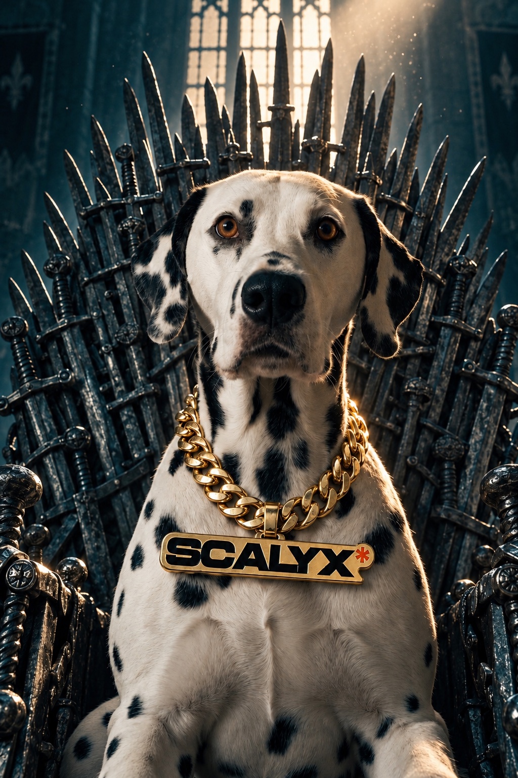 Dalmatien assis sur un trône d'épées, une chaîne en or SCALYX autour du cou