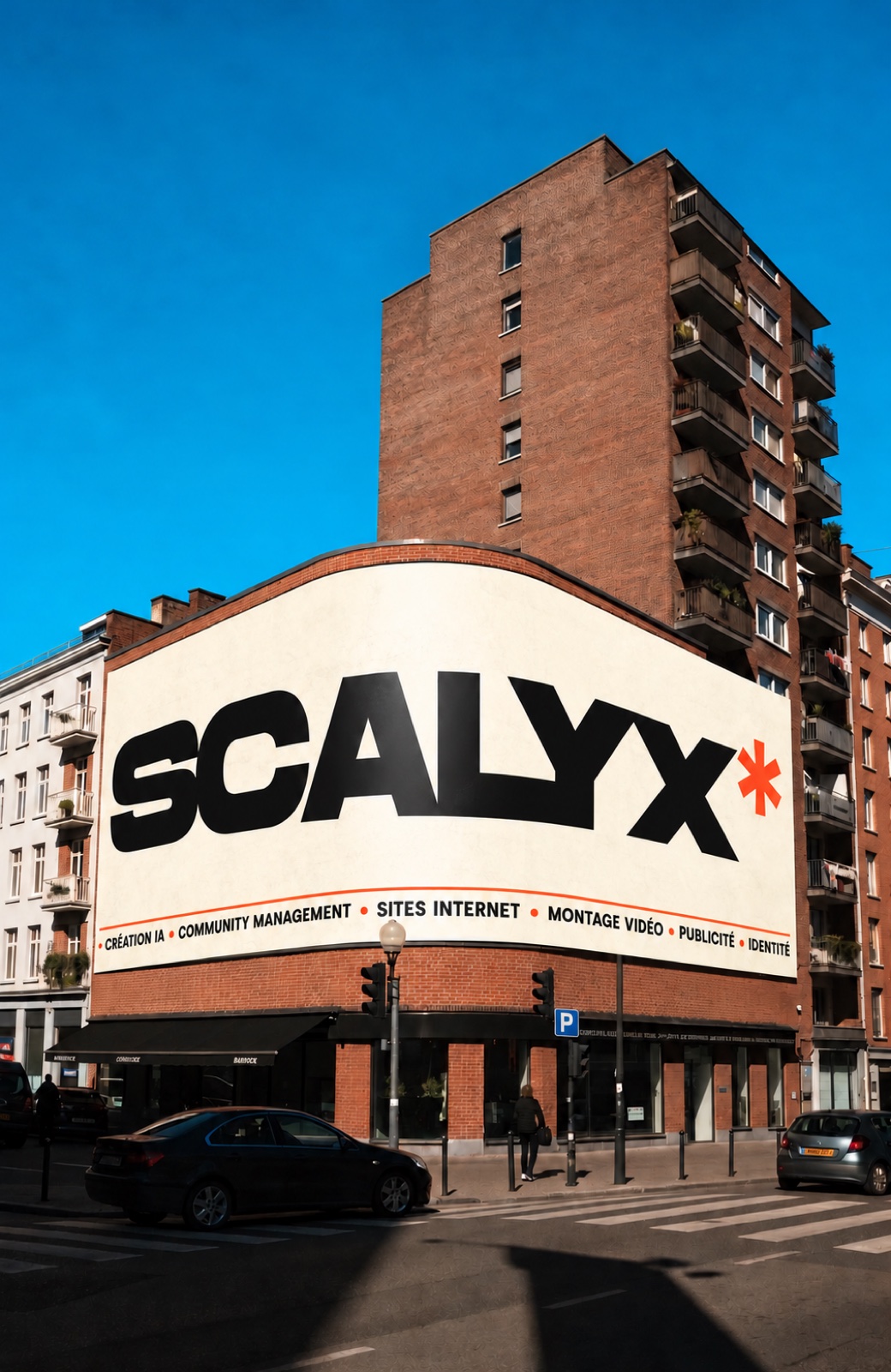 Grande enseigne SCALYX sur un immeuble d'angle en briques à Bruxelles : création IA, community management, sites internet, montage vidéo, publicité, identité